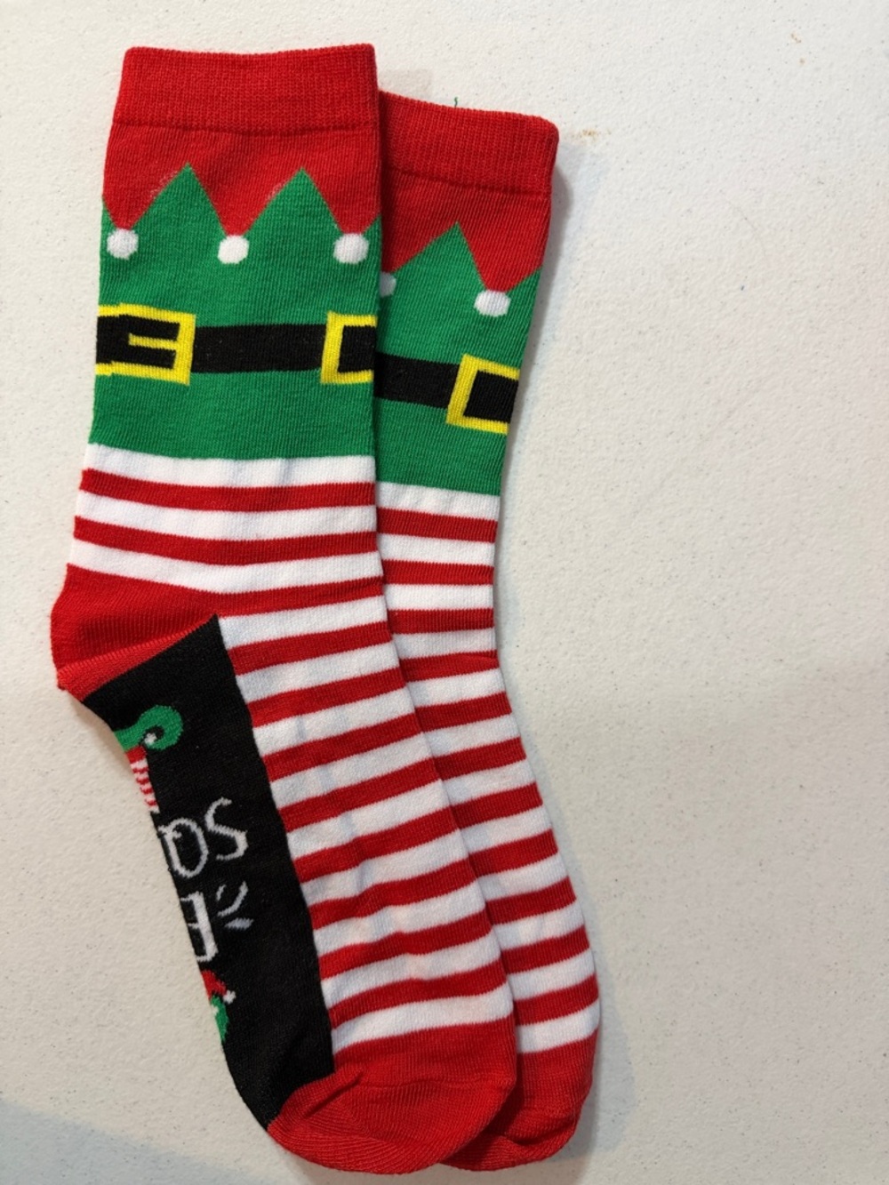 Men's Festive Elf-Style Crew Socks in Red, Green & White -New